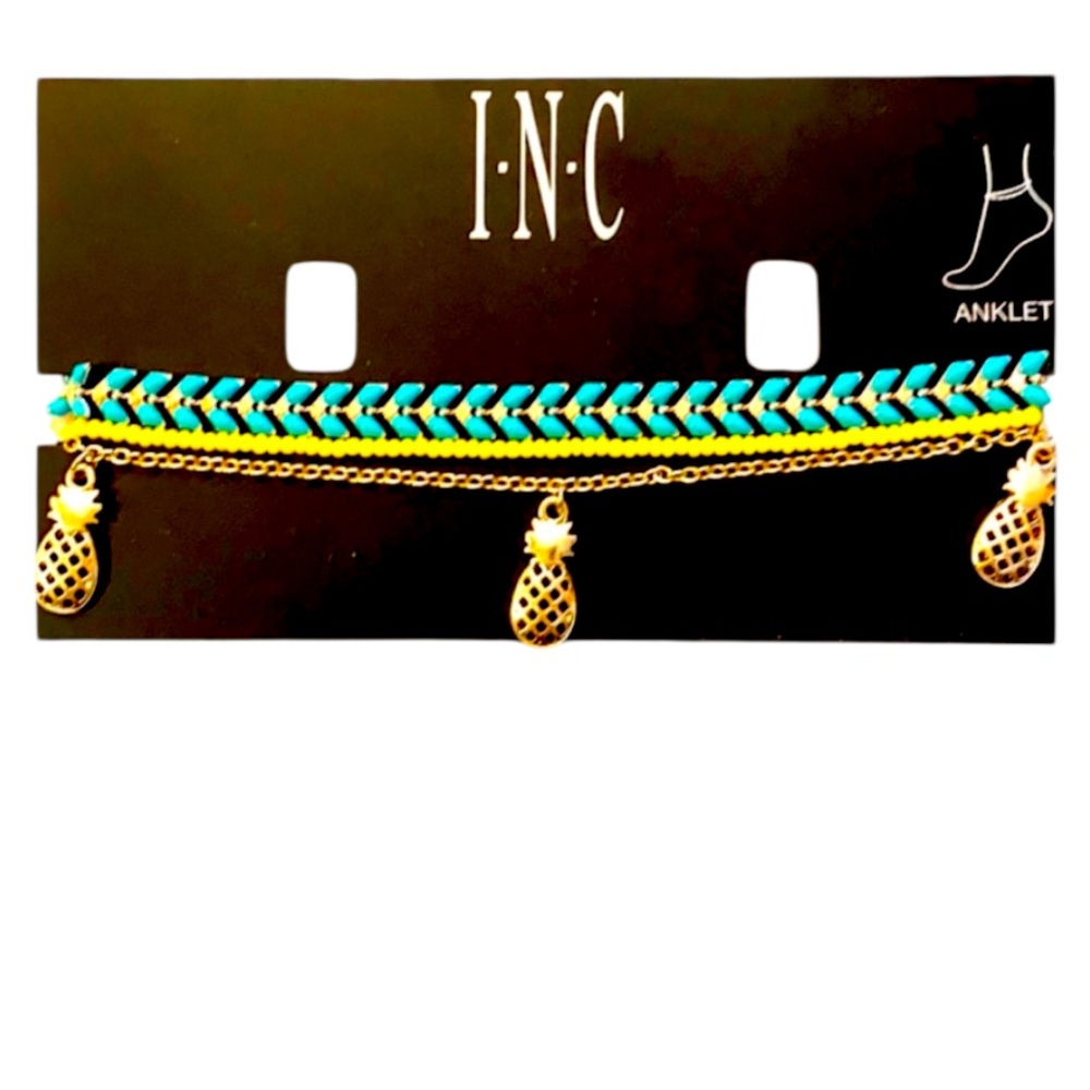 Set 3 Anklets 2000s Gold Beaded Turquoise Pineapple Charms Ankle Bracelets ⭐️